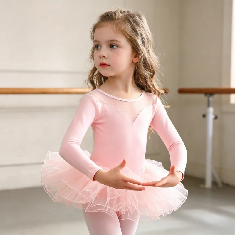 Conjunto de dos piezas para niñas, ideal para verano, con top de manga larga y falda de tul estilo ballet, ropa de práctica de danza para niños.