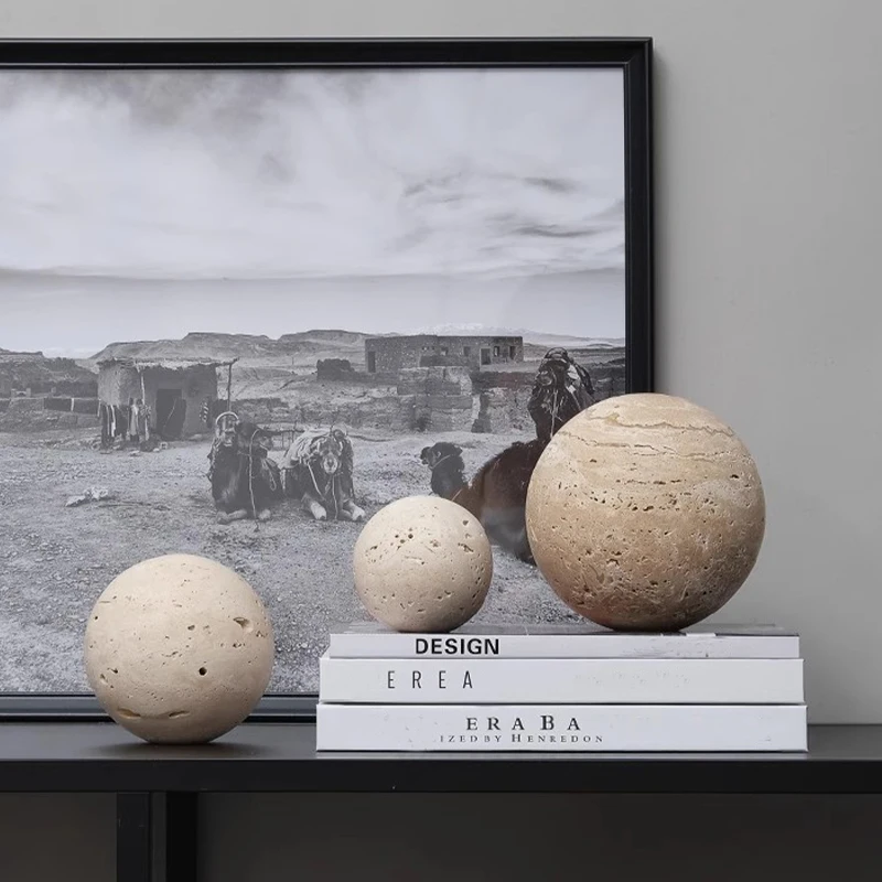 Esfera de mármol de travertino Wabi-Sabi, decoración de bola de piedra natural pulida a mano para sala de estar, entrada, oficina, hotel orgánico