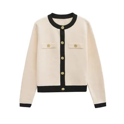 PB&ZA2024 autumn new women's clothing fashionable temperament slim fit commuting leisure versatile gold breasted knitted jacket