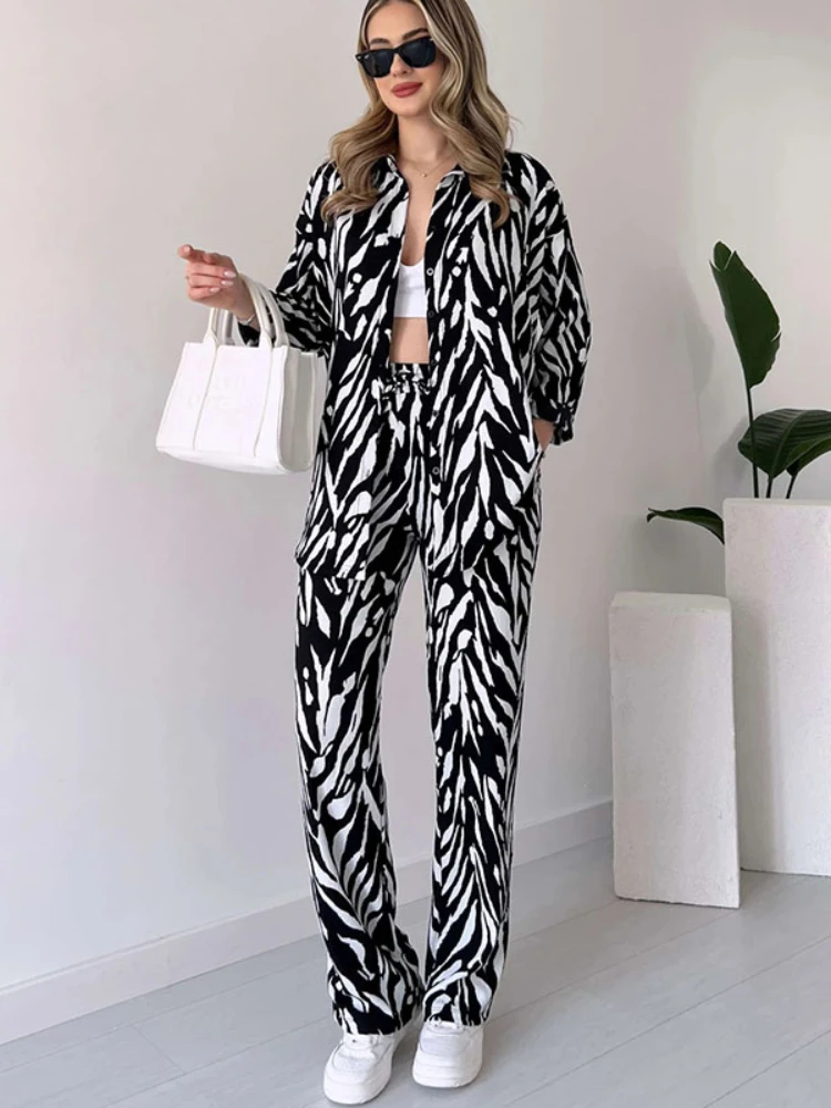 Women's 2-piece Set Casual Daily Shirt Set Fashion Spring Summer Printed 2 Piece Sets Women Outfit Wide Leg Pants Two-piece Set