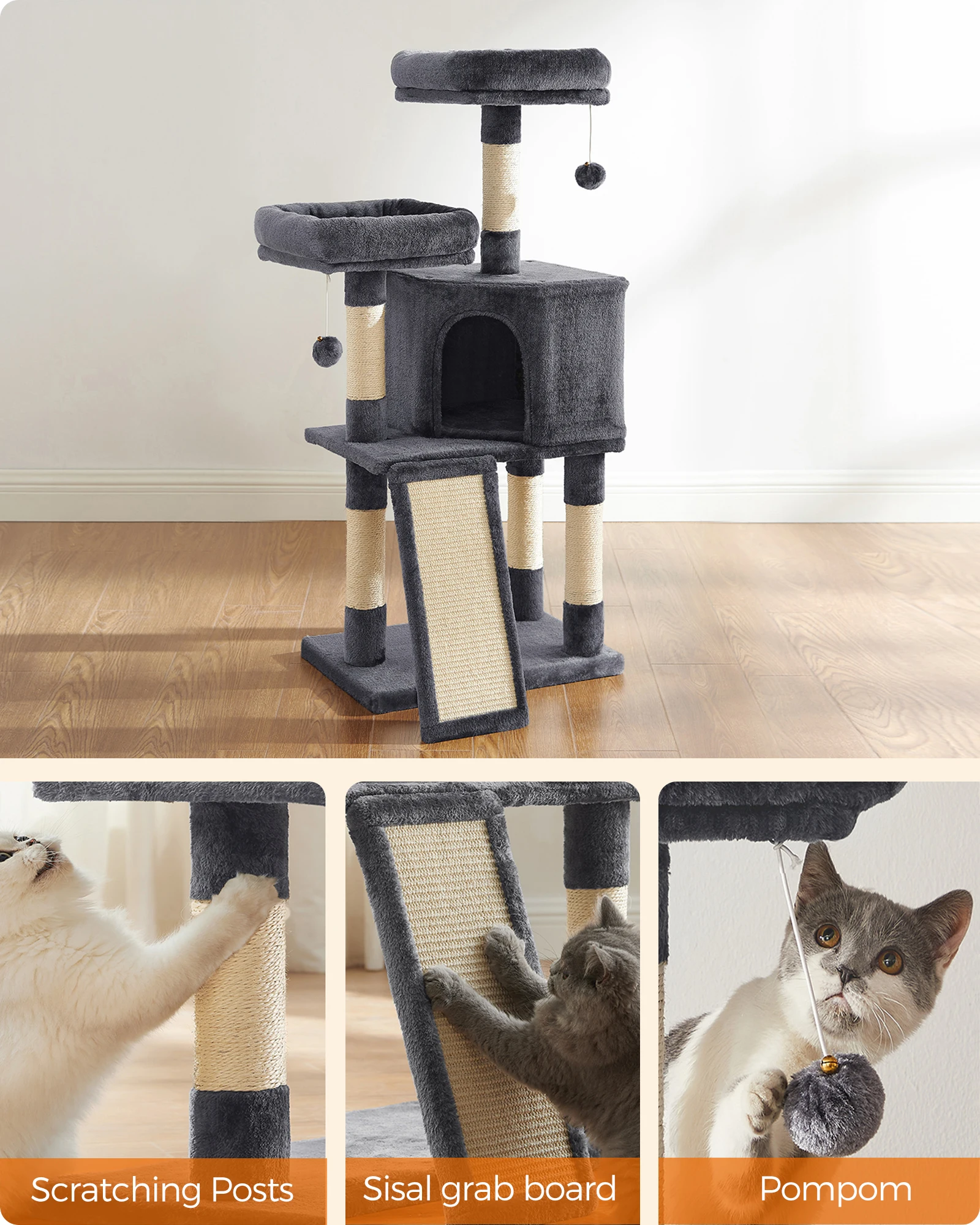Árbol de Gatos, Torre para Gatos, 115 cm, Gris Ahumado