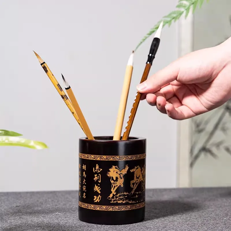 Chinese Style Bamboo Brush Holder - Multifunctional Vintage Pen Organizer Desk Decor, Creative Calligraphy Brush Storage