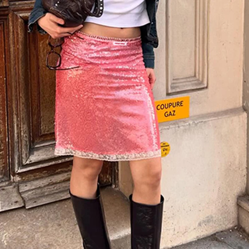 HEYounGIRL Fashion Sequin Aesthetic Skirt Low Waist Pink Y2K High Street Lace Patchwork Straight Knee Length Skirt Rave Outfits