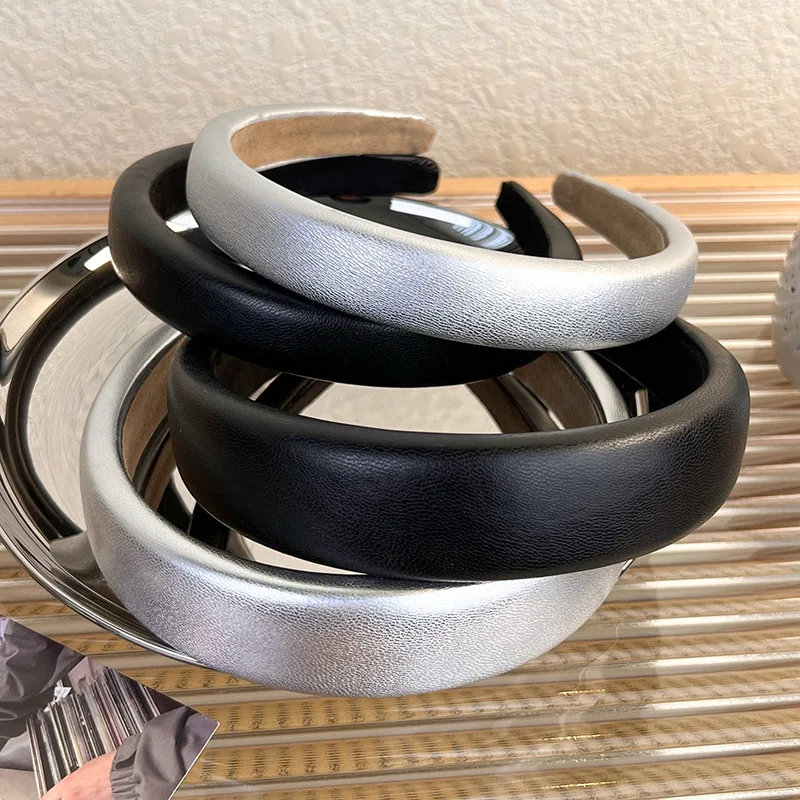 Vintage French Silver Leather Sponge Headband Soft Non Slip for Woman Face Wash Daily Wear Lightweight Premium Hair Accessory