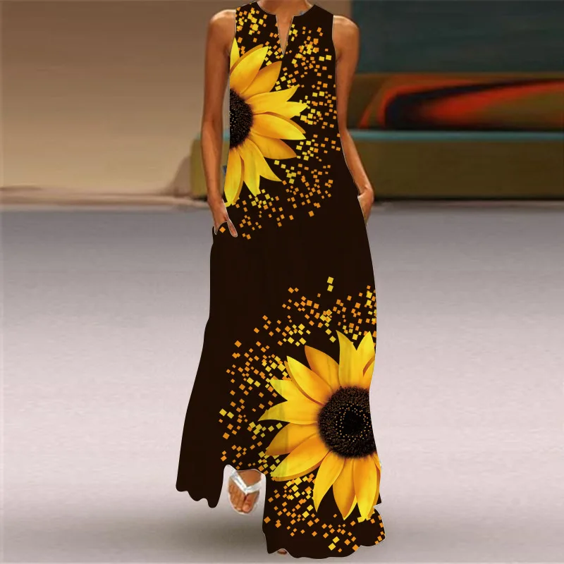 

2024 New Summer Women's Sleeveless Long Dress V-neck Printed Dresses Beach Sunflower Maxi Dress Elegant Vestidos Mujer 3XL