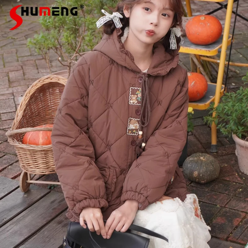 

Mori Girls Vintage Short Parkas Autumn Winter Japanese Girls Cute Embroidery Kawaii Short Hooded Jacket Y2K Lolita Down Parkas