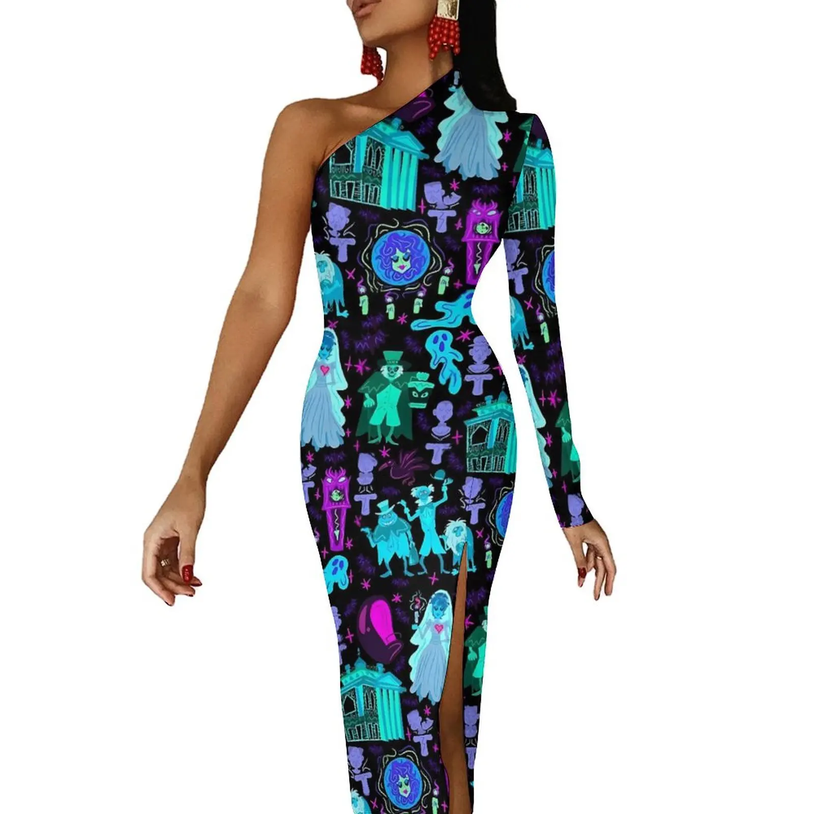 Haunted Mansion Long Dress Woman Halloween Print Streetwear Maxi Dress Autumn Cute Bodycon Dresses High Slit Graphic Vestidos