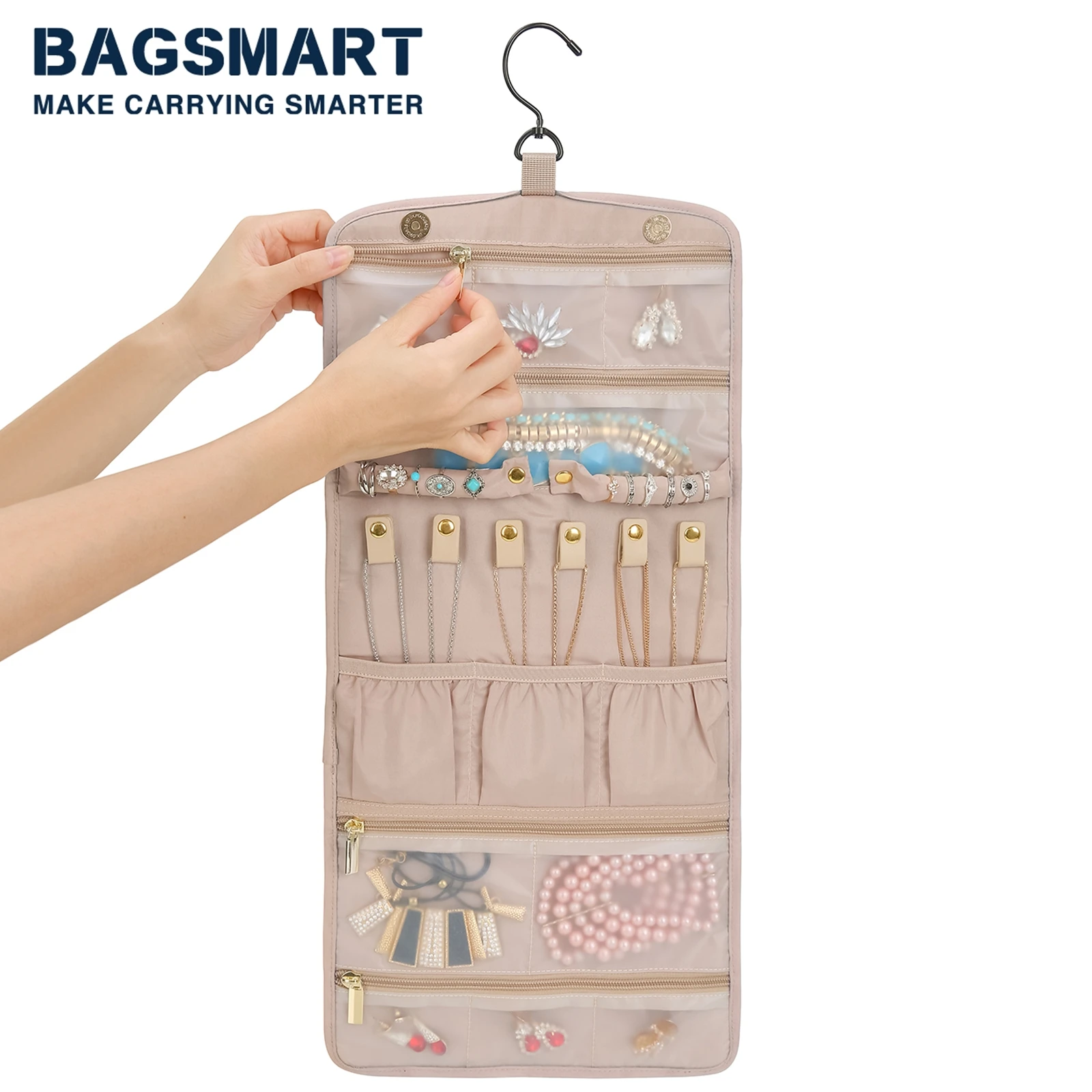 

BAGSMART Travel Hanging Jewelry Organizer Case Foldable Jewelry Roll with Hanger for Journey-Rings Necklaces Bracelets Earrings