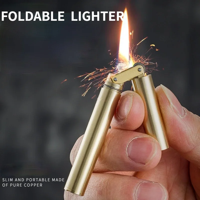 Creative Unusual Kerosene Lighter Copper Nunchaku Funny Retro Grinding Wheel Flint Lighters Foldable Mini Portable Men's Gift