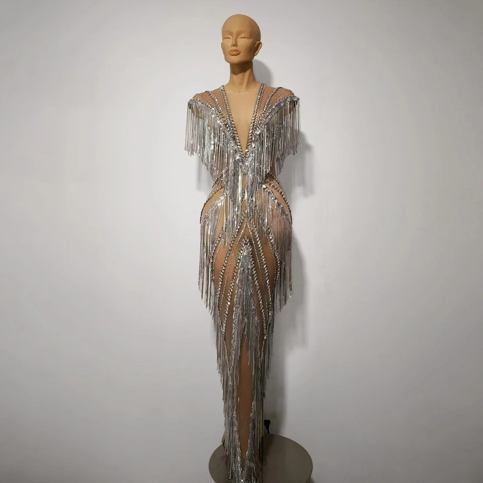 فاخر سباركلي حجر الراين الشظية هامش شبكة فستان طويل حفلة موسيقية مساء ملهى ليلي مهرجان المغني مرحلة الأداء زي