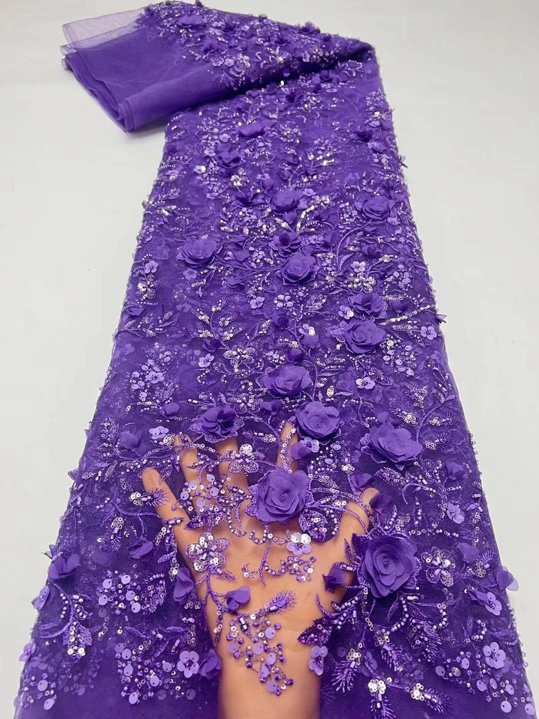 Wholesale African 3D Flower Lace Fabric, Embroidery French Mesh, Sequins Groom, Nigerian Tulle, Party Dress, Latest, LY4657