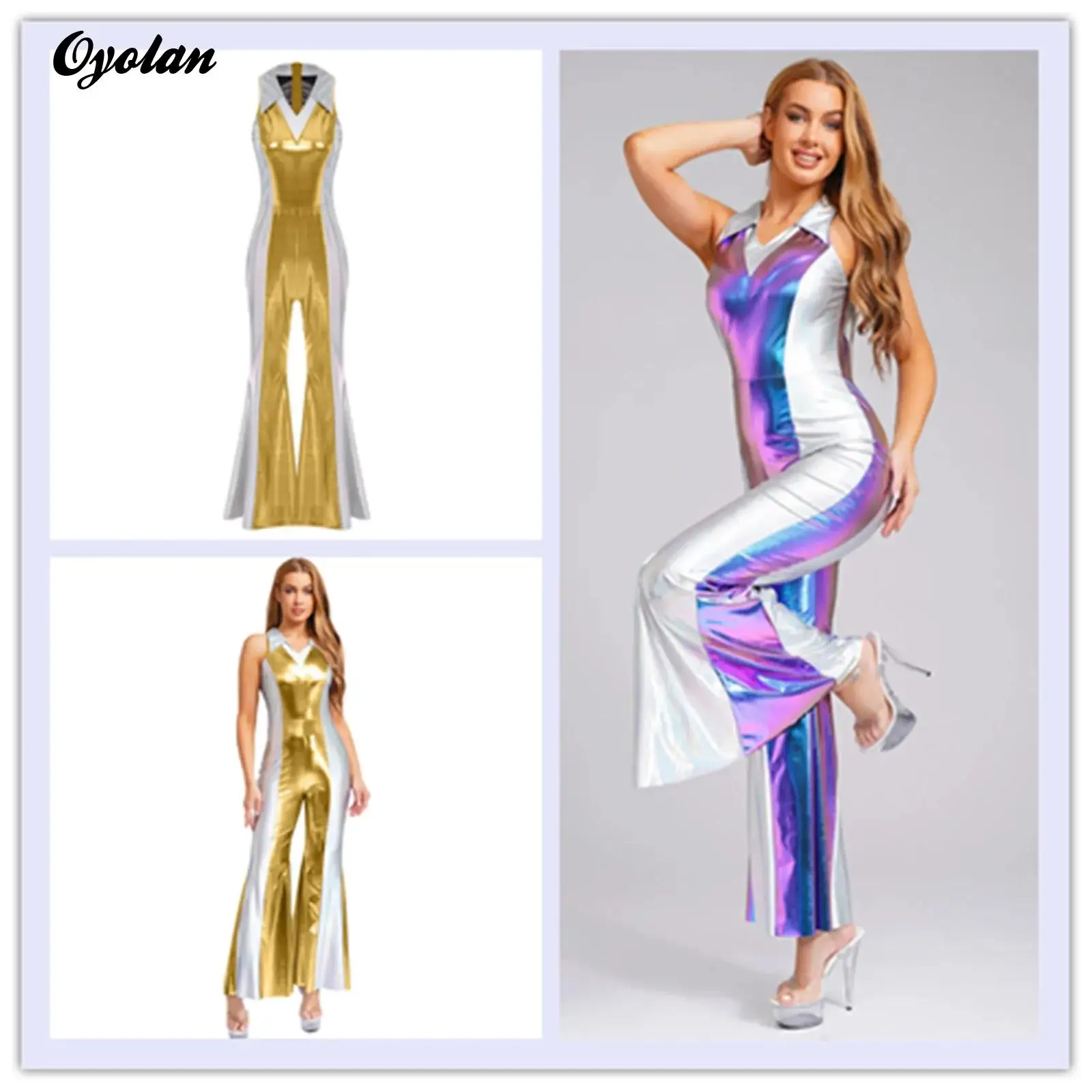 Womens Metallic Shiny 70s Disco Hippie Costume Clubwear Party Overalls Bell Bottom Jumpsuit V Neck Flared Long Pants Rompers