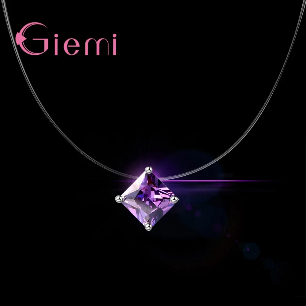Pure 925 Sterling Silver Simple Crystals Pendant Necklace with Fishing Line Chains Fashion Women Girls Christmas Gifts
