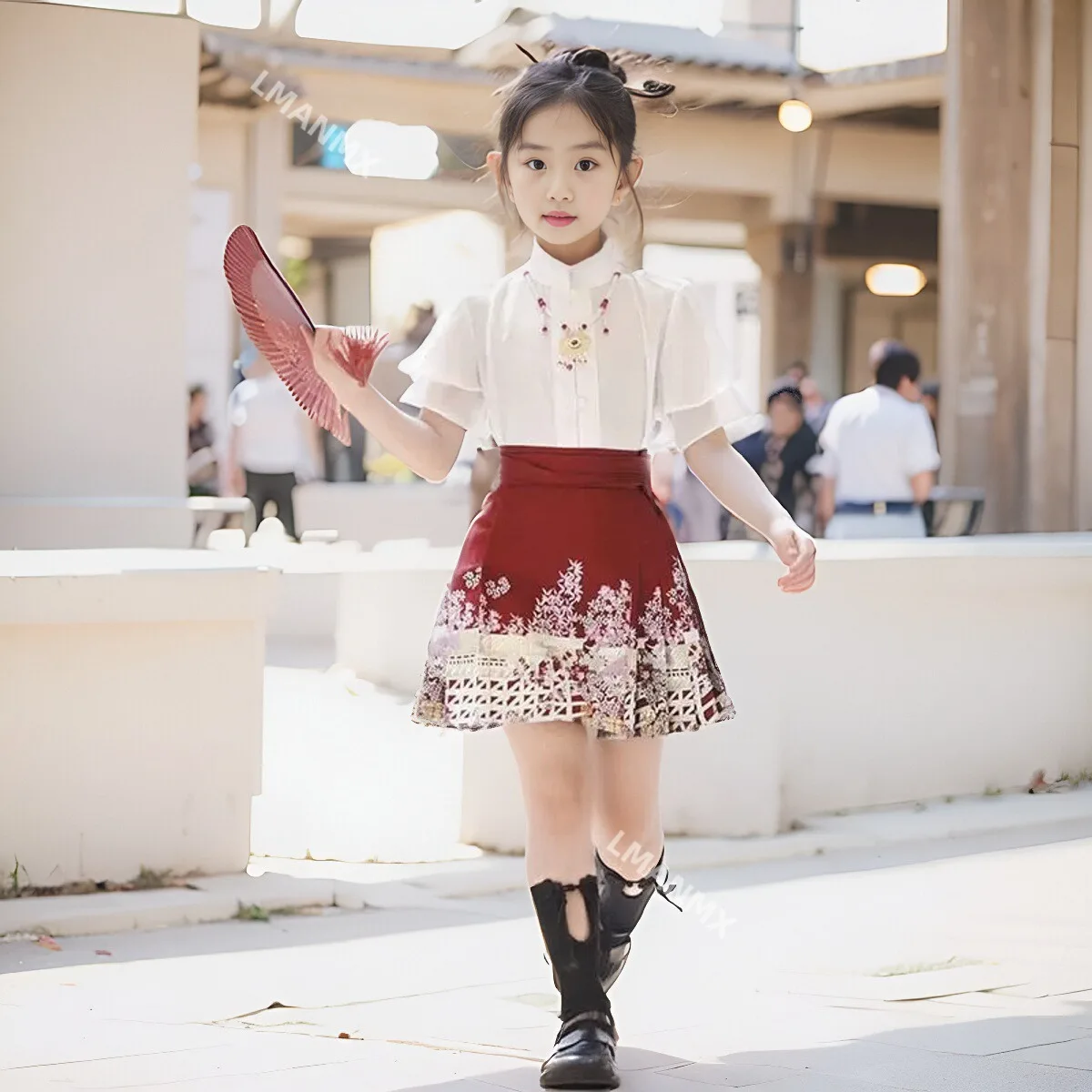 Girls' Chinese style short horse face skirt 2024 summer new item girls Hanfu mid size children's short sleeved skirt set