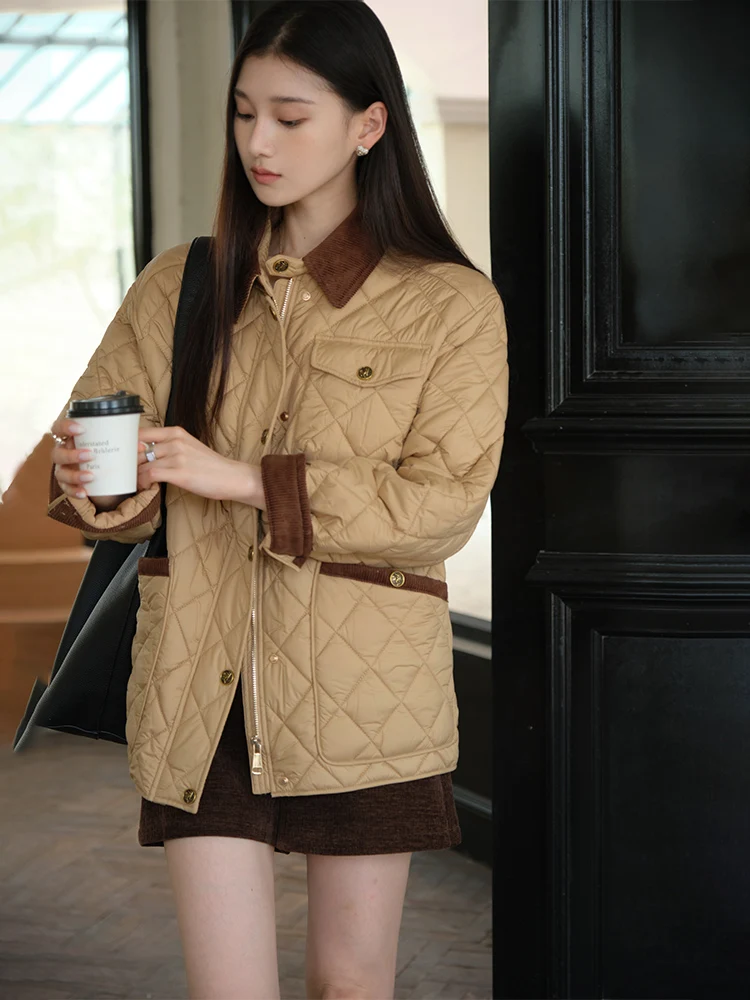 

ChillCozy Women's Cotton Jaet Quilted Velvet Patchwork Soft Comfortable Commute Diamond id Cotton Coat Zipper Closure Lon...