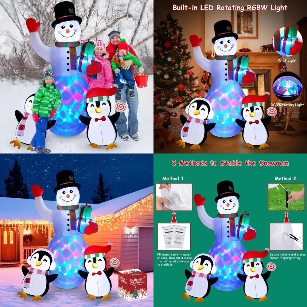 

8-Foot Tall Snowman with Penguins Inflatable Christmas Decoration, LED Lights Included, Suitable for Indoor and Outdoor Use