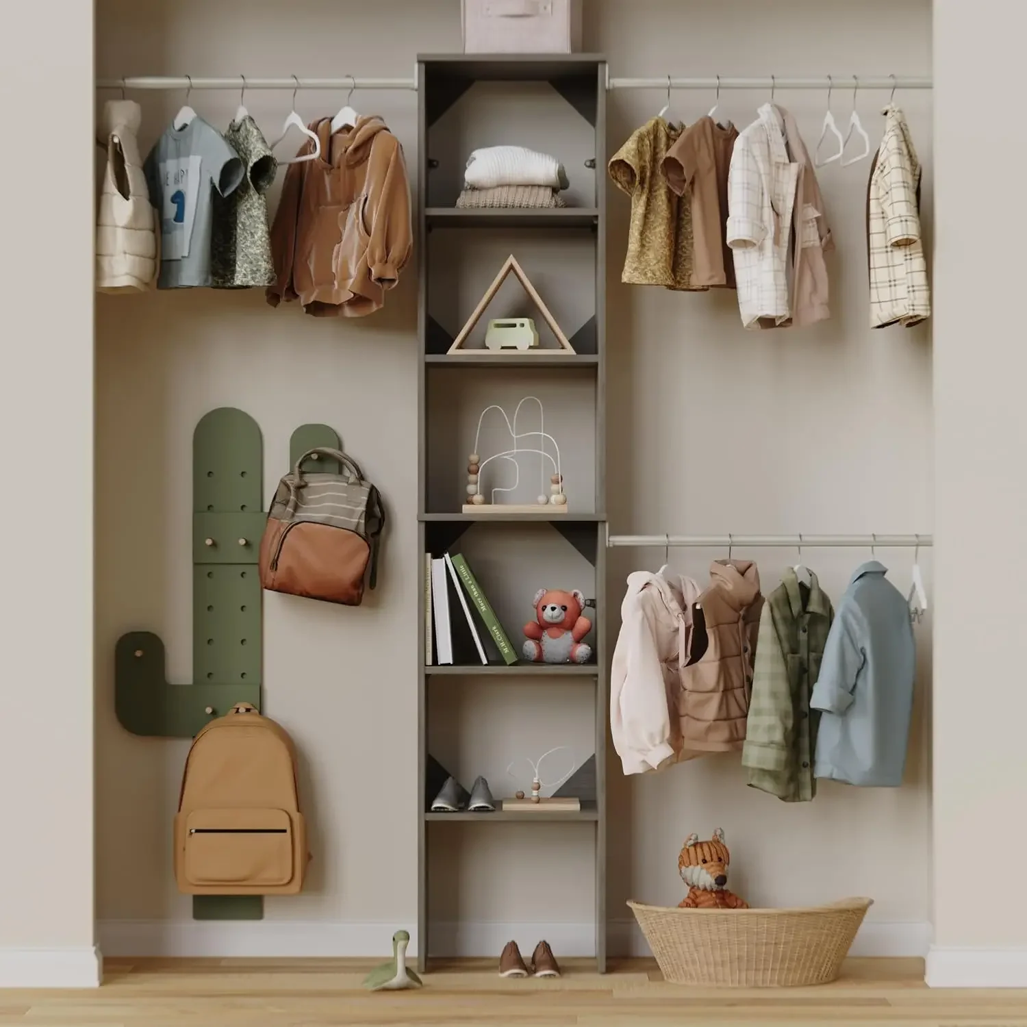 SuiteSymphony Wood Closet System Starter Kit with Tower and 3 Hang Rods, Adjustable and Customizable, For Walk-In and Reach-In C