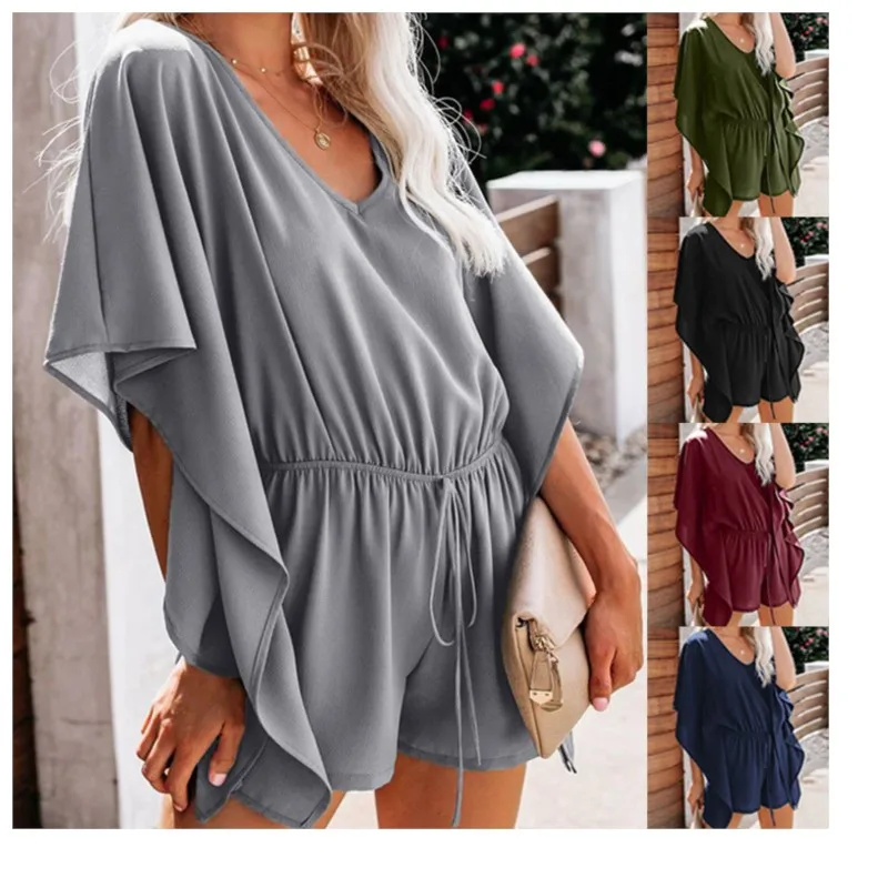 Solid Color Jumpsuit Women's 2024 Summer New V-neck Short Sleeved High Waisted Lace Up Loose And Comfortable Casual Playsuits