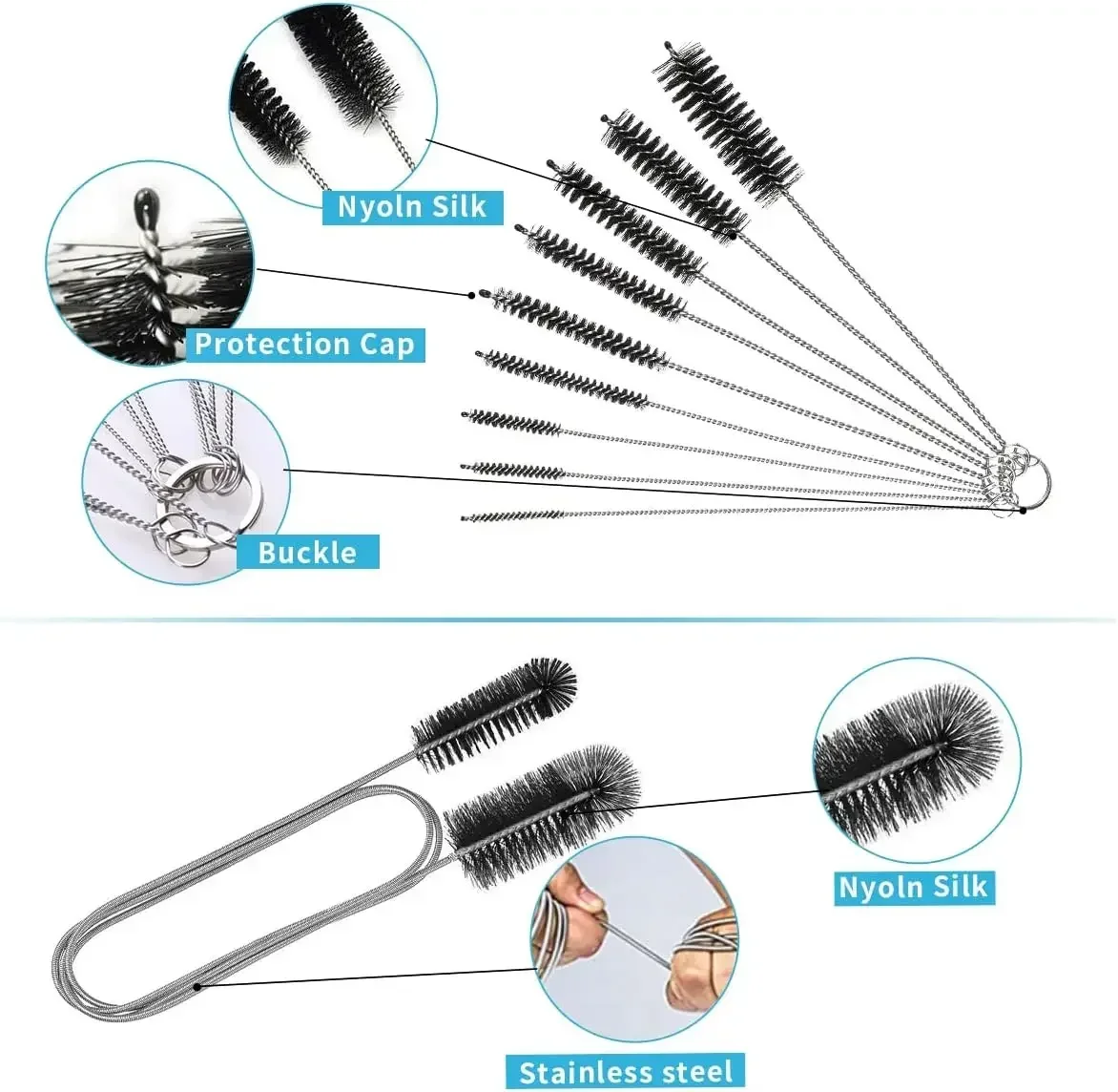 Stainless Soft Hair Suction Glass Tube Cleaner Brushes Nylon Bottle Fish Tank Pipe Brush Household Cleaning Tools