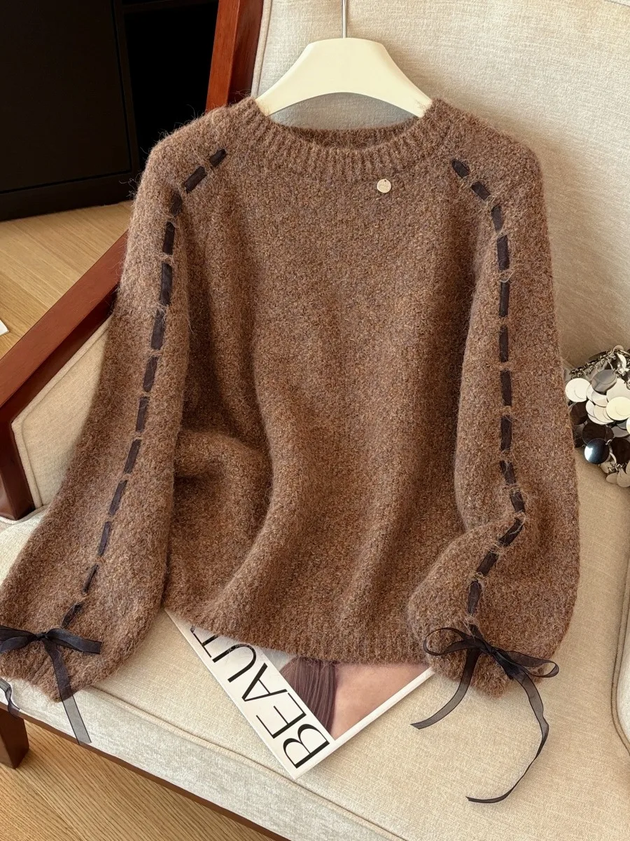 Pull tricoté chaud avec noeud Design vêtements d'extérieur coupe ample pour les femmes automne hiver 2025 nouveau Sle trajet Sle Poly...