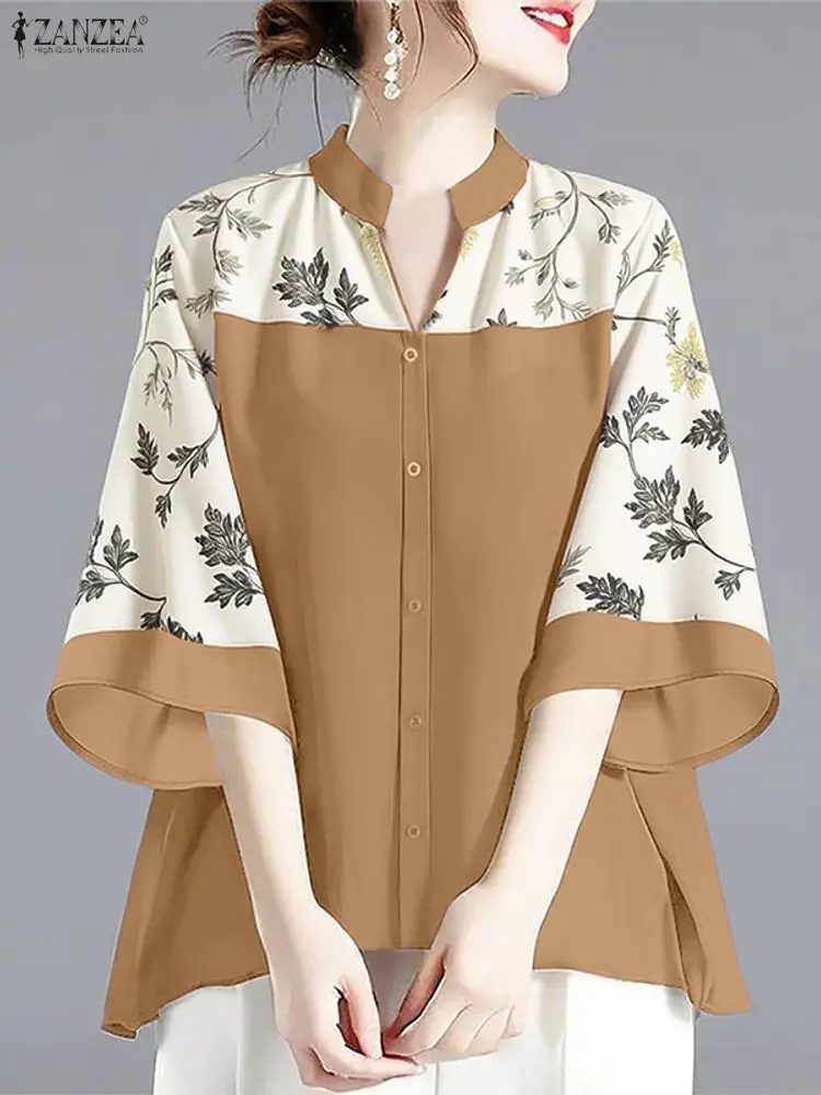 2025 ZANZEA otoño blusa con estampado Floral mujeres Tops Vintage cuello en V manga 3/4 Blusas mujer OL camisa de trabajo Casual botones Blusas