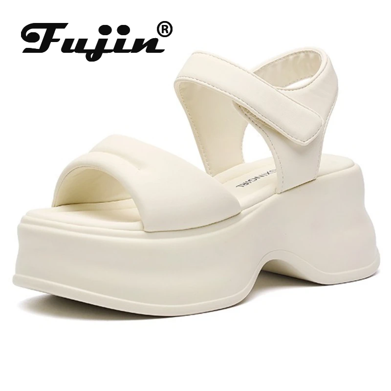 

Fujin 7.5cm Microfiber Leather Women Sandals Slippers Mary Jane Shoes Flats Hook Fashion Summer Peep Toe Platform Wedge