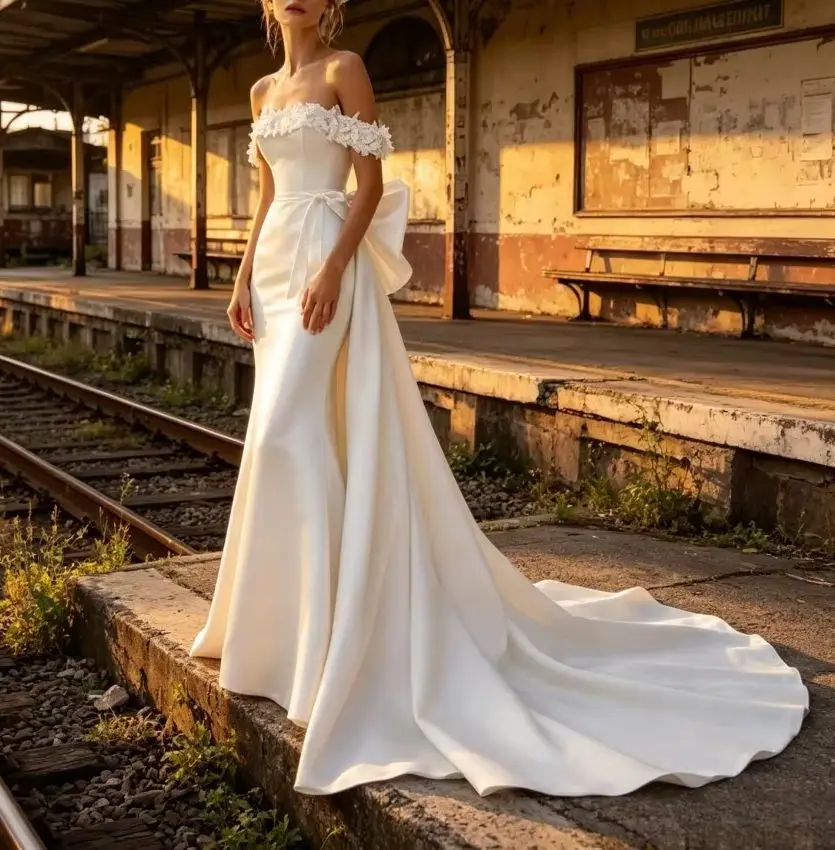 Customized Off Shoulder Satin Mermaid Wedding Dress with Boat Neck and Large Bow Detachable Trailing Elegant Wedding Dress 2026