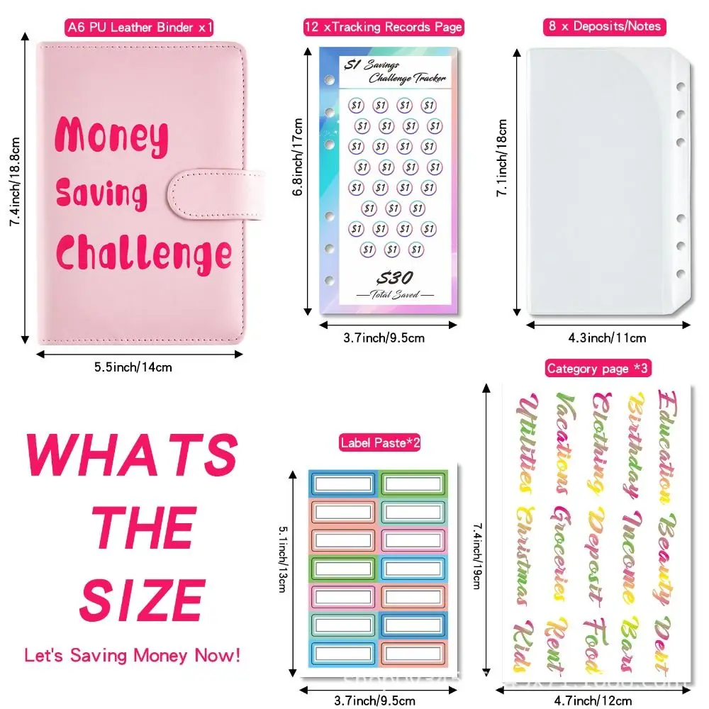 ซองหนัง PU Challenge Binder รีฟิลหลวมประหยัดเงิน Binder กระเป๋าสตางค์โปร่งใส