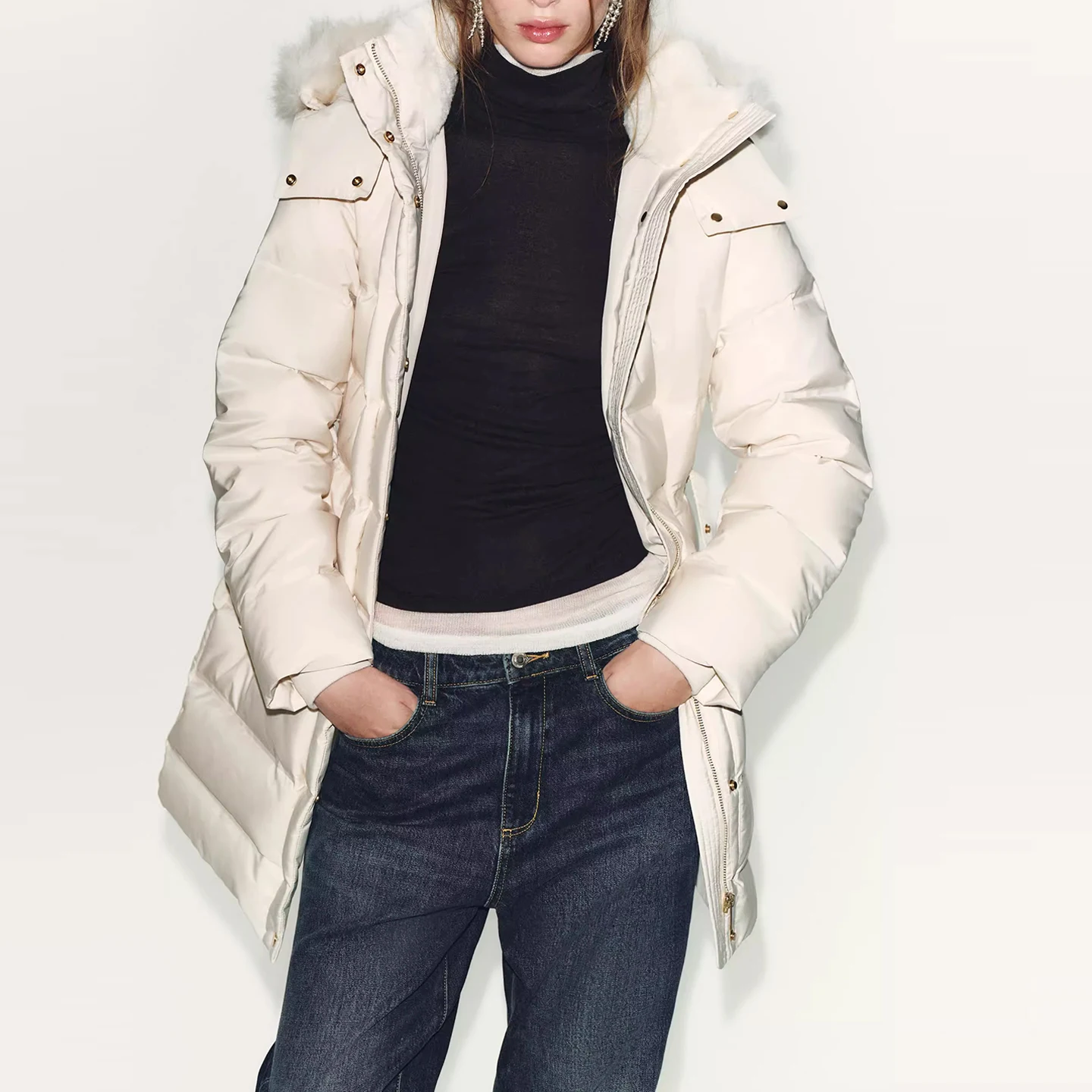 Faionable opstaande kraag met capuchon Jaet dames winter nieuwe collectie Z 2025, ritssluiting, normale dunne ort jas