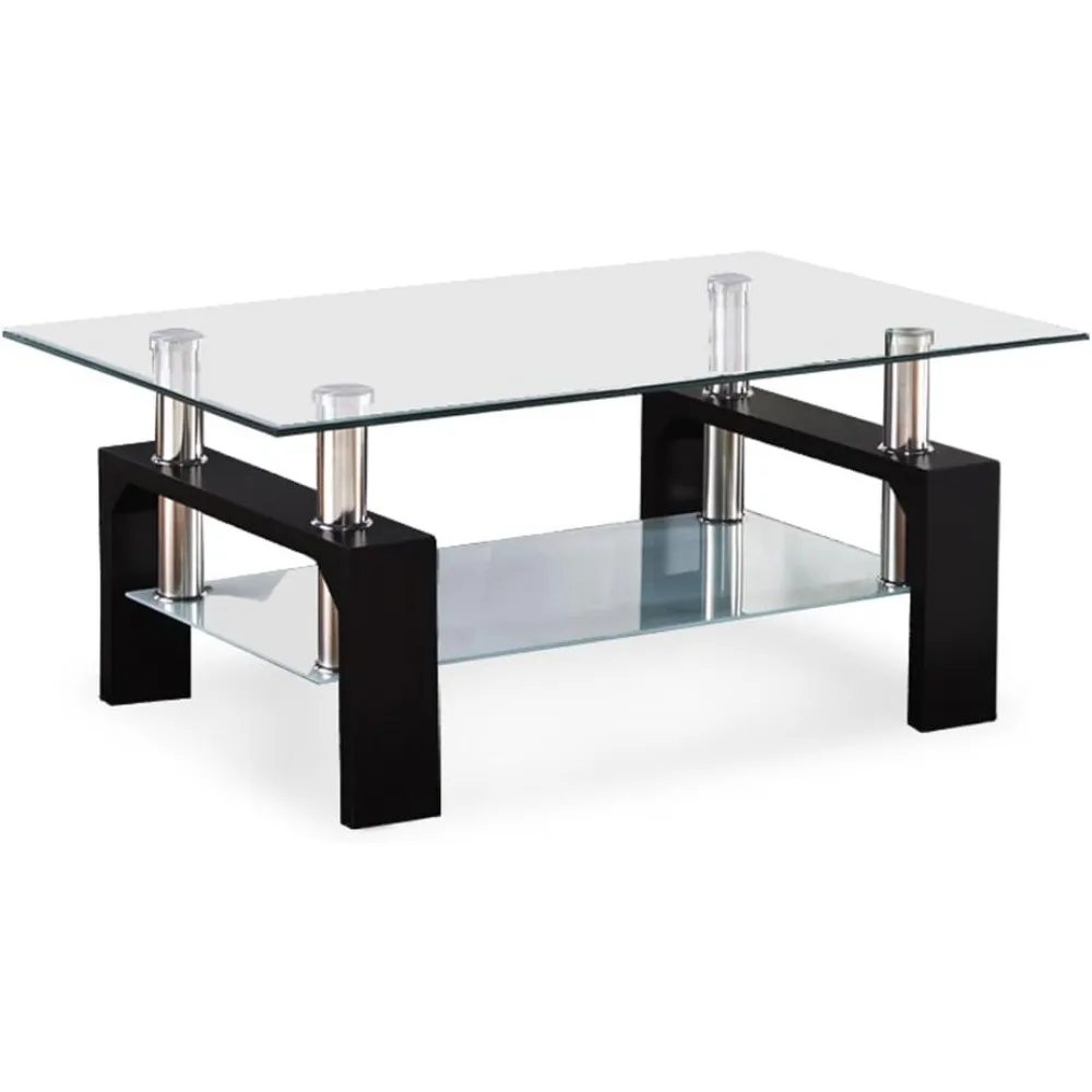 Rectangle Glass Top Coffee Table - Modern Center Table with Shelf & Wood Legs Suit for Living Room (Black)