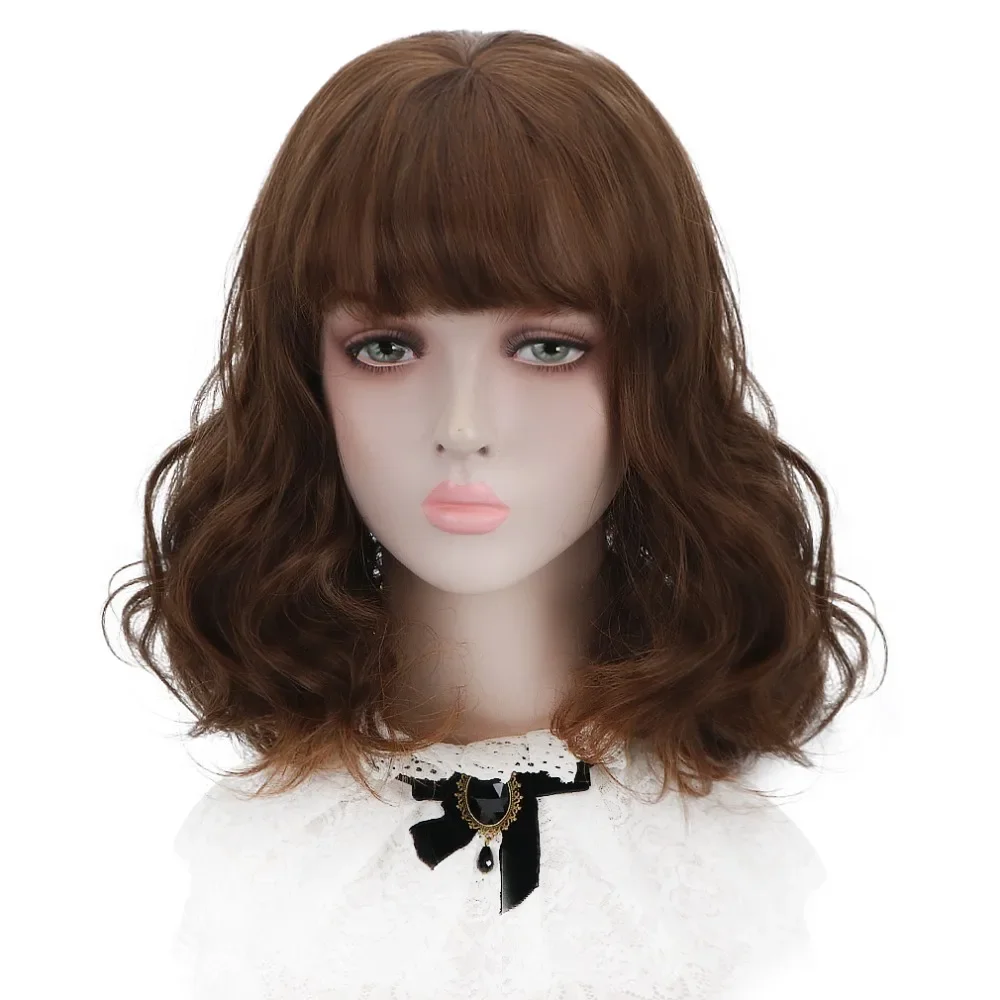 

AICKER 14" Short Wavy Synthetic Ash Blonde Brown Ginger Dun Hair Bob Wigs with Blunt Bangs for Women Lolita Cosplay