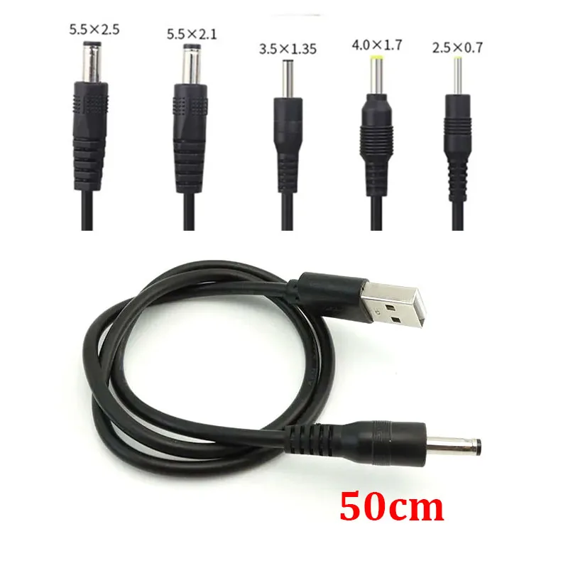 

50cm 5V 3A USB A Male to DC 55*21 55*25 4*1.7 3.5*1.35 2.5*0.7MM Jack plug extension power cord supply cable Connector