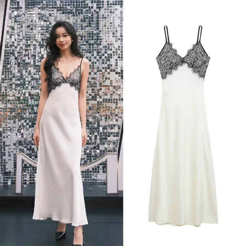 ชุดนอนผู้หญิงแบบยาว ผ้าซาตินไหม ชุดนอนเซ็กซี่ ผ้าลูกไม้ โชว์หลัง ชุดนอนลำลอง ชุดนอนฤดูร้อน ใหม่