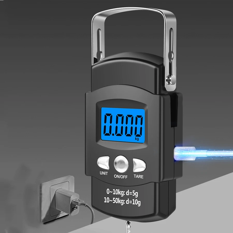 Waga wędkarska z haczykiem, miarką i wyświetlaczem LCD, wykonana z materiału ABS, cztery jednostki pomiarowe, do ważenia bagażu.