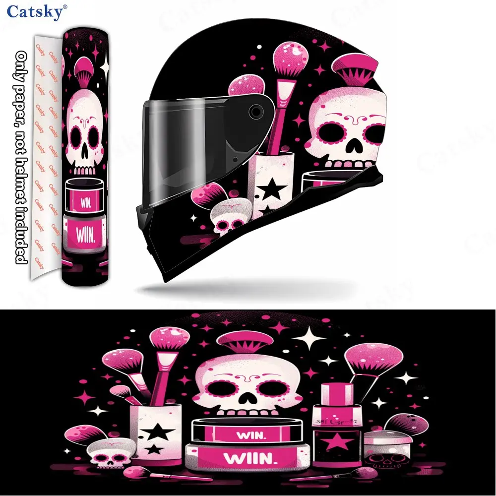 ピンク - メイクアップスカルパターンヘルメットステッカー、PVC素材の多機能ヘルメットステッカー、傷つきにくく色褪せにくい、簡単