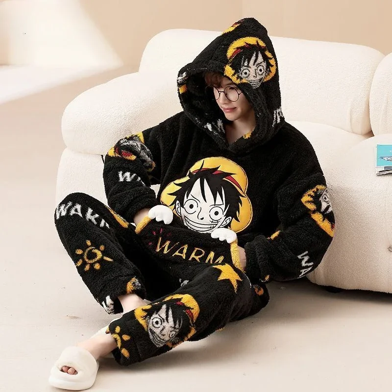 Cartoon Plush Pajamas One Piece Luffy High-looking Creative Student Men\'s Winter Coral Velvet Hooded Thickened Home Clothes Set