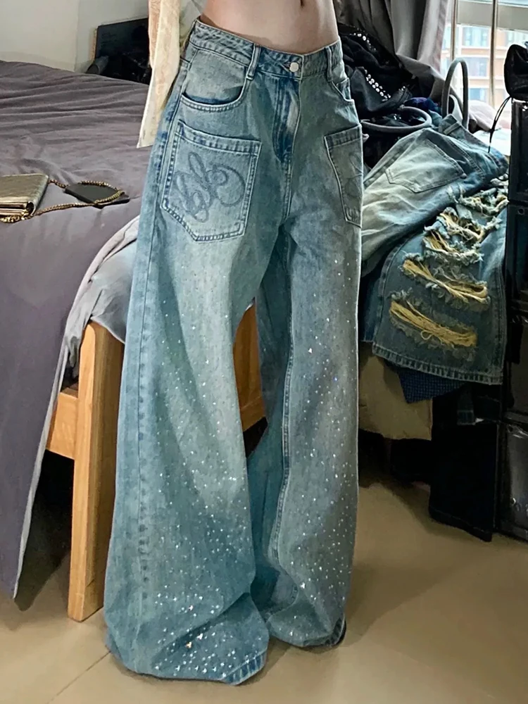 Y2K Wide Leg Pants Women Starry Hot Stamping Jeans Design Spring Loose Floor Street Style
