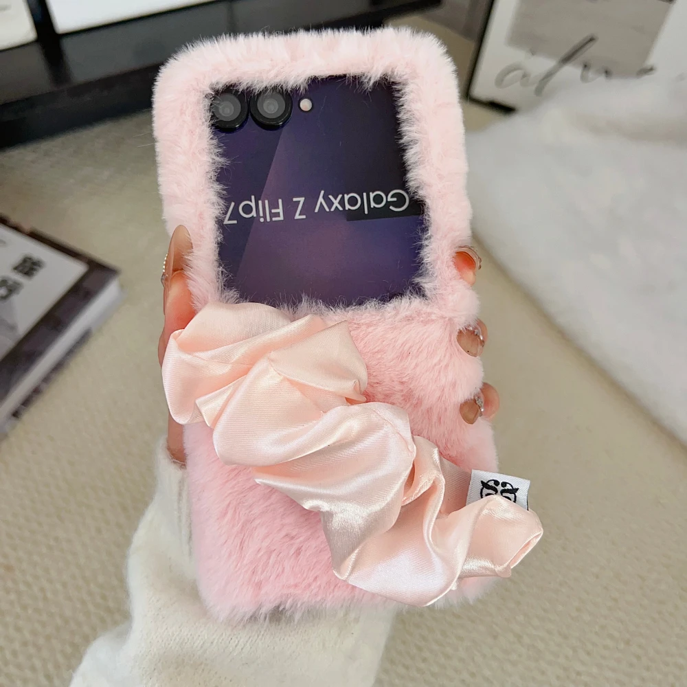 

3D Cartoon Cute Warm Plush Fluffy Hand Band Phone Case For Samsung Z Flip 5 4 6 7 FE Wrist Strap Shockproof Bumper Cover Cases