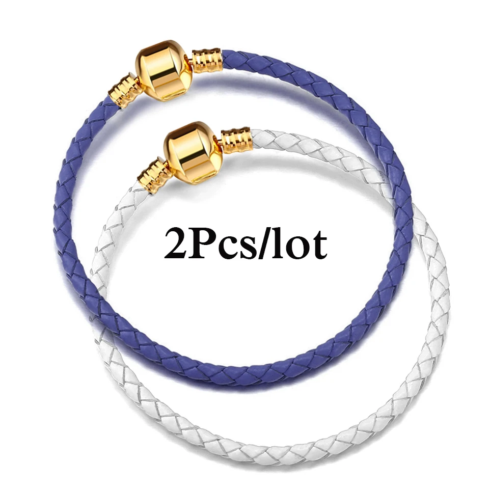 2Pcs/Lot Leather Chain Charms Bracelets Fit DIY Beads Mens Womens Bracelet Bangles Couples Pulsera Vintage Jewelry Bijoux Gifts