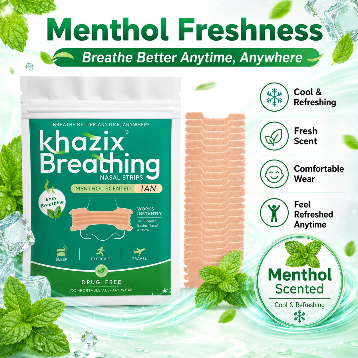 Mint Nasal Strips, Drug-Free Breathing Support Strips for Sleep, Exercise & Travel, Men and Women.