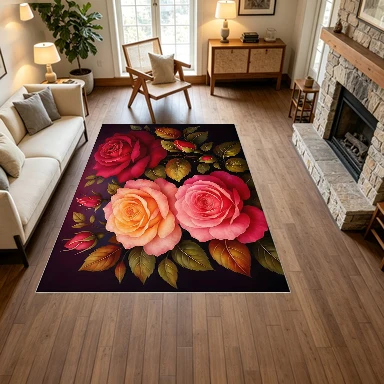 Vintage Realistic Rose Floral Square Carpet Non-Slip Floor Mat, Suitable for Living Room, Bedroom, and Home Interior Decoration