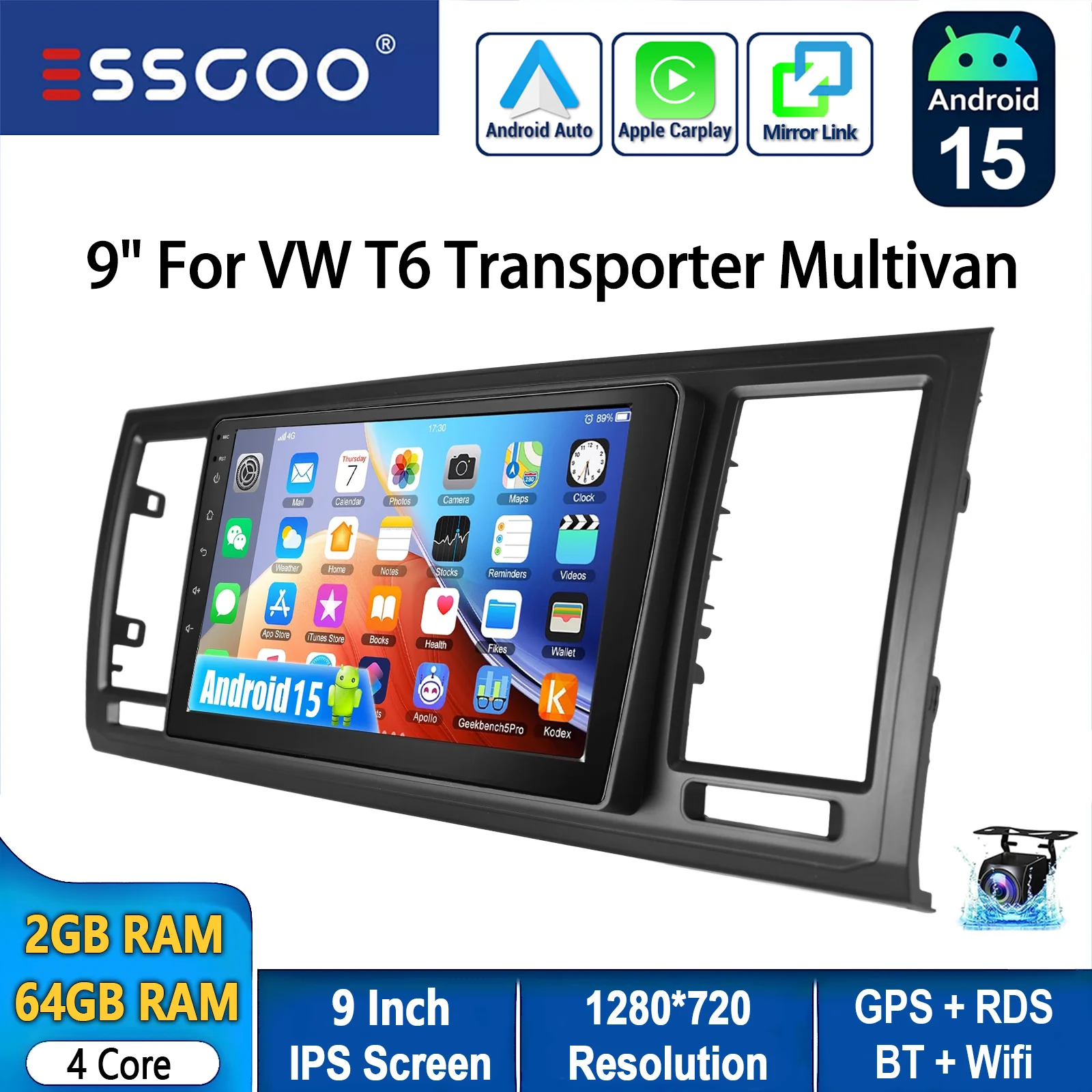 ESSGOO 9 inch 64GB Android 15 draadloze CarPlay autoradio voor VW T6 Transporter Multivan GPS navigatie WIFI BT RDS SWC Mirror Link