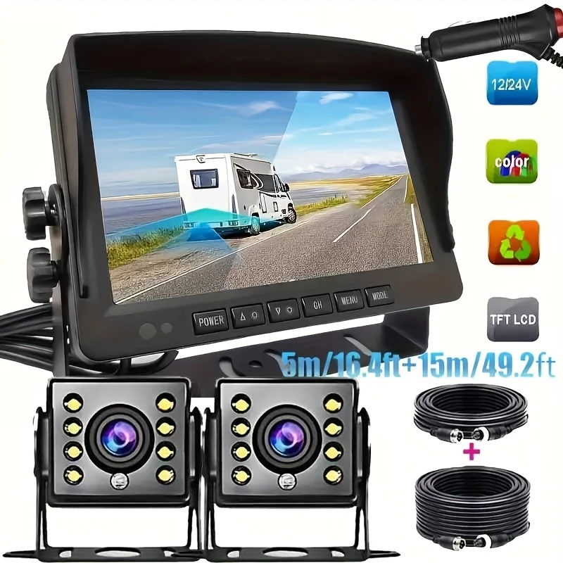 

12-24V Bus Truck Trailer Car Reverse Backup camera Rear View Kit 8 LEDs Reversing Camera + 7" TFT LCD HD Color Monitor