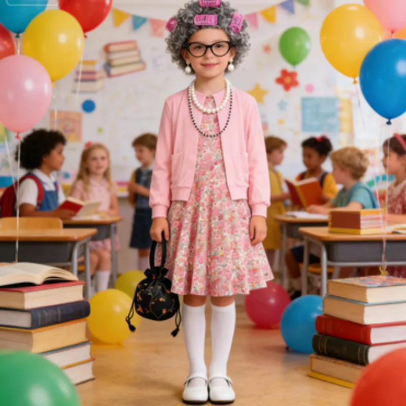 Girl Celebrating 100th School Days Funny Grandma Cosplay Costumes Dress Granny Girl Cosplay Floral Old Lady Dress Up With Cane