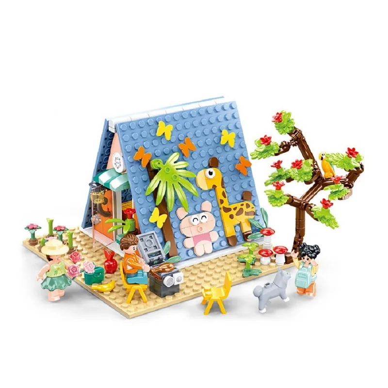 Sluban Camp Hut Building Block City Creativity Street View Picnic Barbecue Party Triangle House Kids DIY Brick Toy Gift For Girl