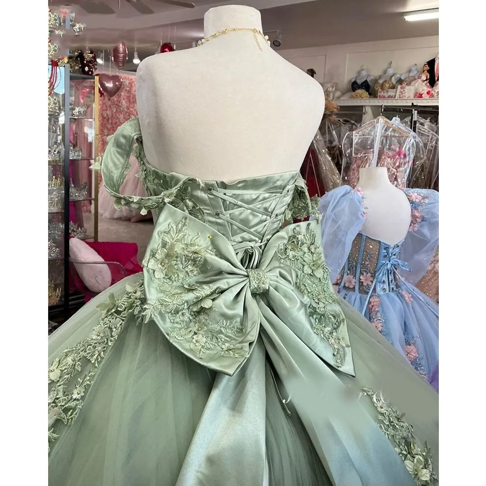 ANGELSBRIDEP Sage Green Quinceanera Dresses Off Shoulder Bow Appliques Lace Puffy Mexican Sweet 16 Dresses 15 Anos Court Train