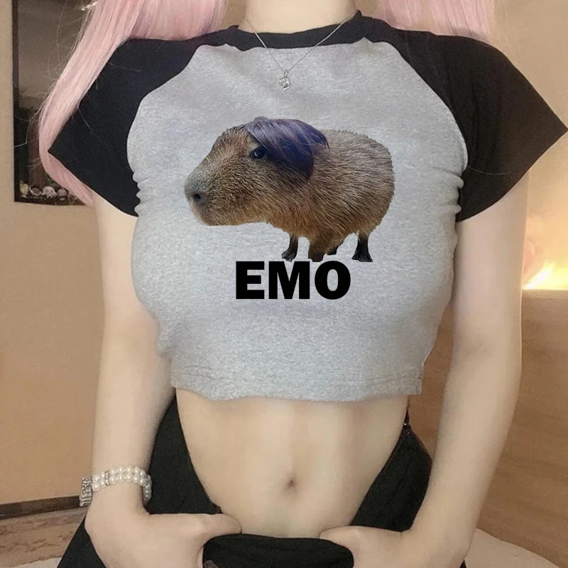 Cartoon Y2k 90s Crop Top Capybara T Shirt Women Kawaii Tops T-shirt Funny Capibara Fashion Harajuku Cropped Tees Tshirt Female