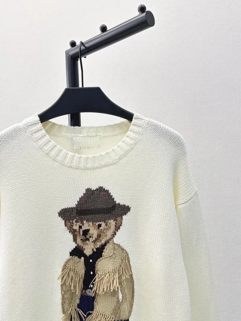 2024 Autumn/Winter New Women\'s White Casual Warm Cotton Sweater Khaki Tassel Jacket Cartoon Bear Pattern