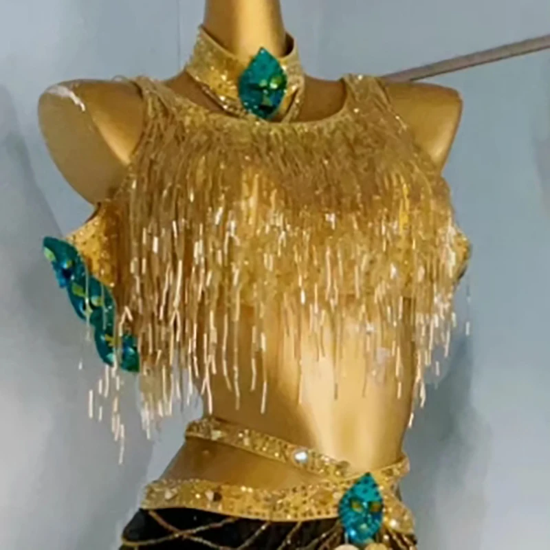 Latin Dance Costume Rhinestone Women's High-end Custom Retro Gold Tassel Design Samba Performance High Flash Dress