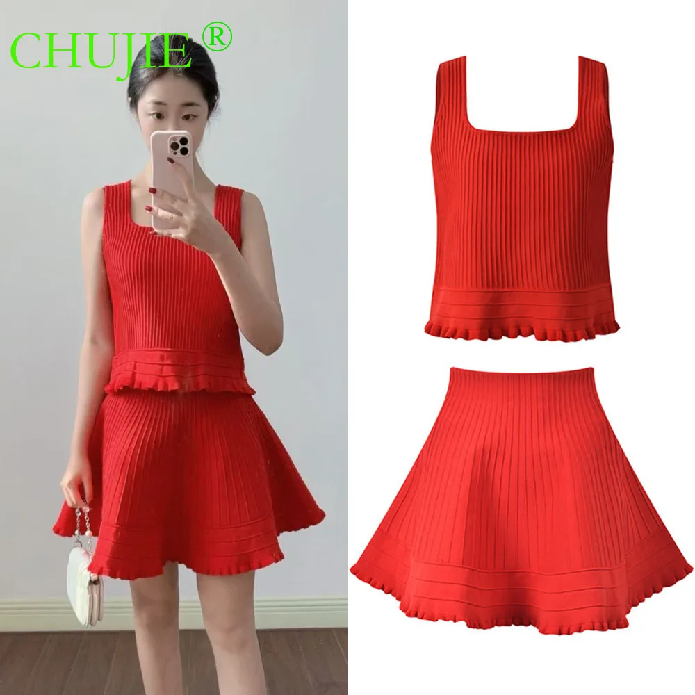 

CHUJIE 2026 Spring - Summer New Style - Knit Set - Sexy Slim-Fitting Red Ruffled Short Camisole + Skirt